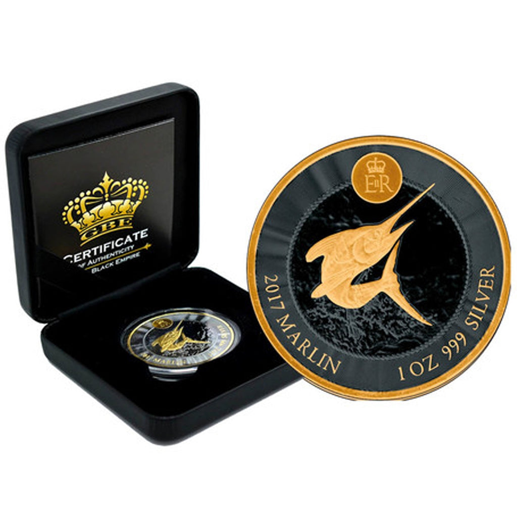 2017 Cayman Islands $1 Marlin Black Rhodium & Sel. Gold Plating 1oz. .999 Silver (No Tax)