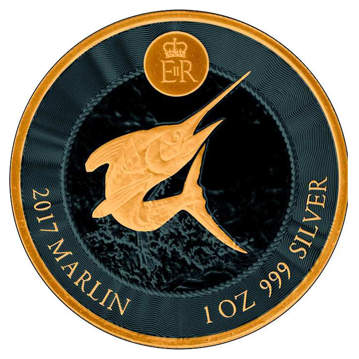 2017 Cayman Islands $1 Marlin Black Rhodium & Sel. Gold Plating 1oz. .999 Silver (No Tax)