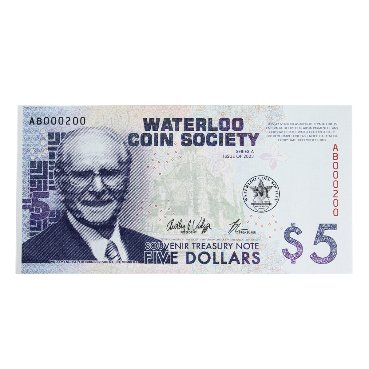 Waterloo Coin Society Souvenir Treasury $5 Note, Series A, UNC