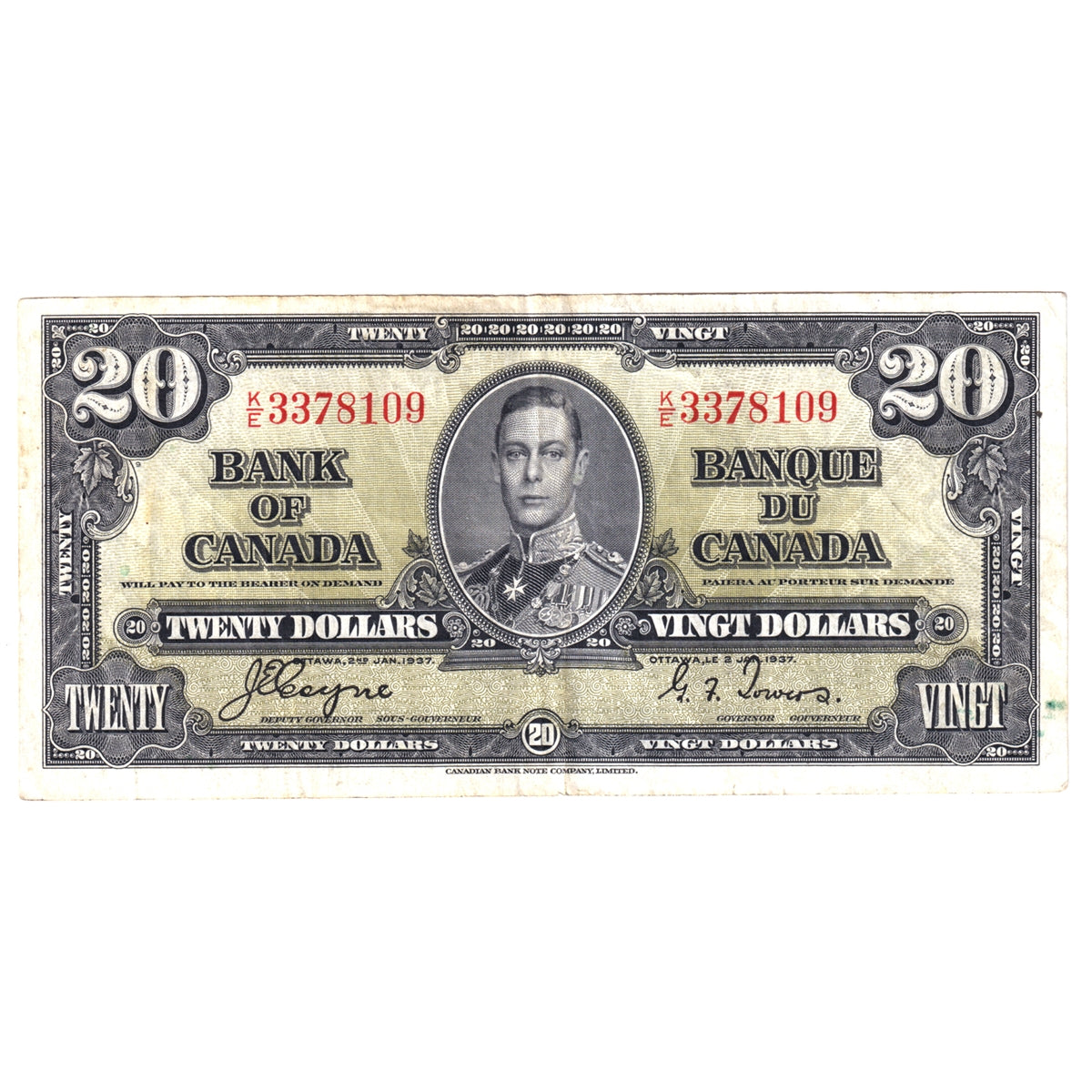 BC-25c 1937 Canada $20 Coyne-Towers, Very Fine (VF20) Tear, Holes, or Damaged