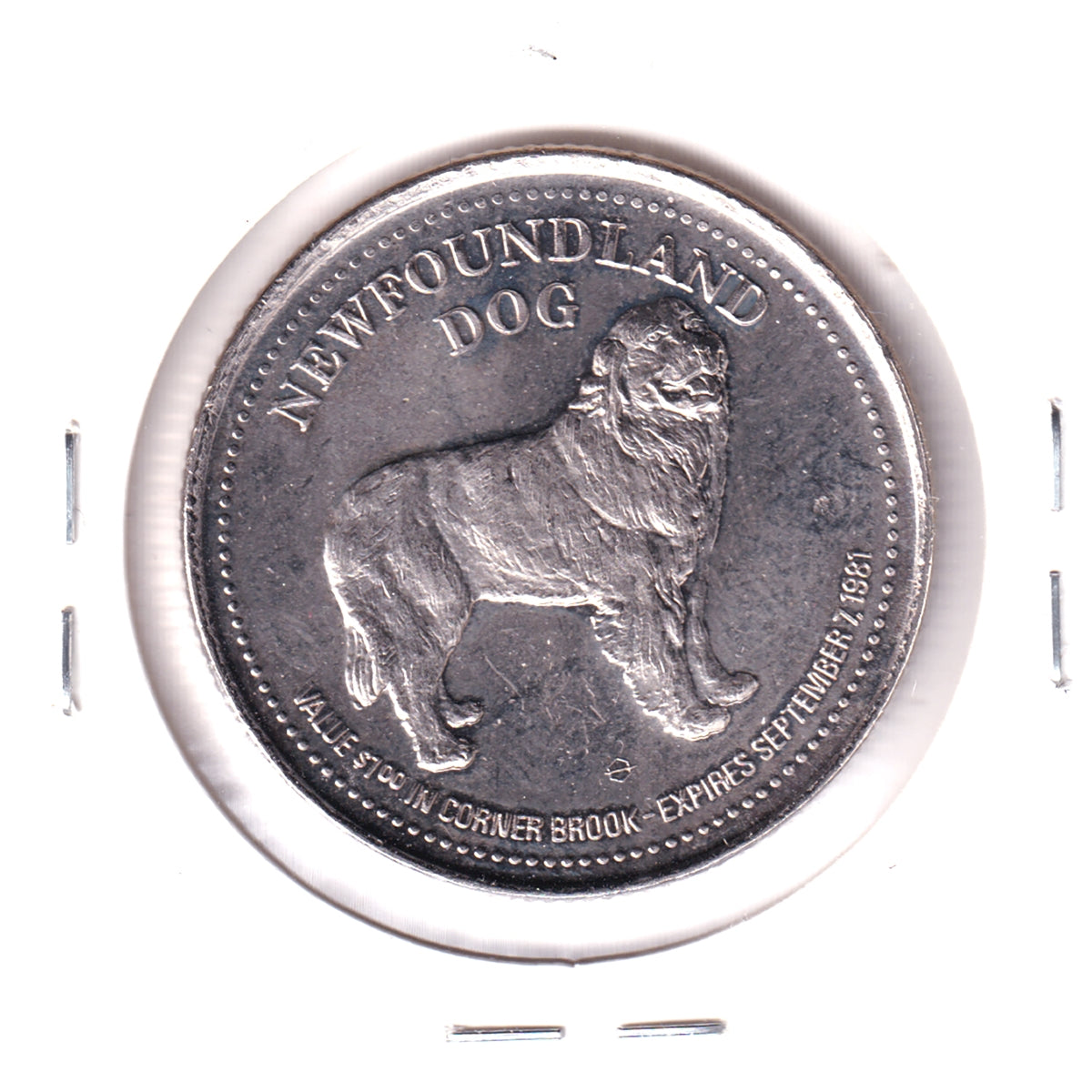 1981 Corner Brook, NL, Silver Jubilee Trade Dollar Token: Newfoundland Dog