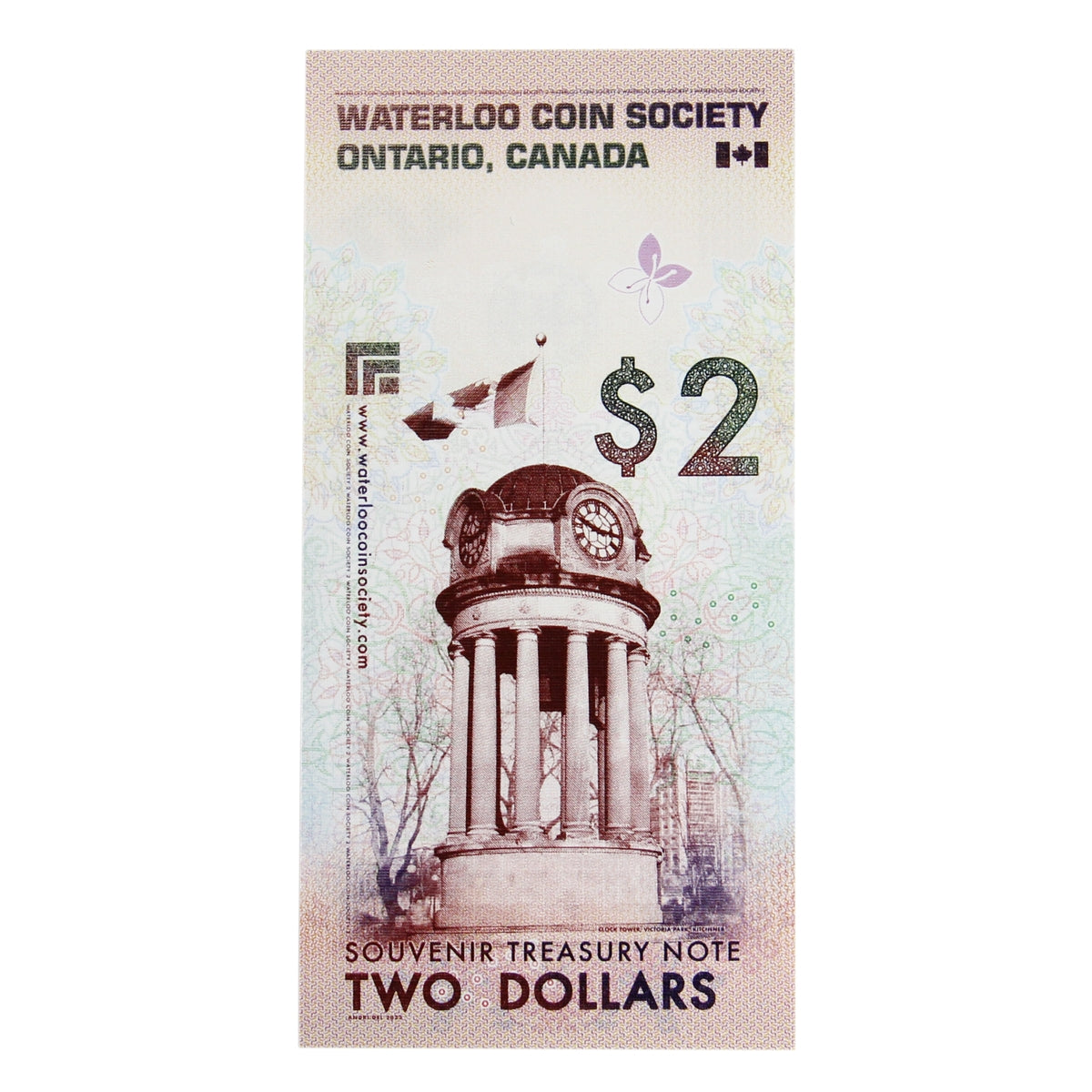 Waterloo Coin Society Souvenir Treasury $2 Note, Series A, UNC