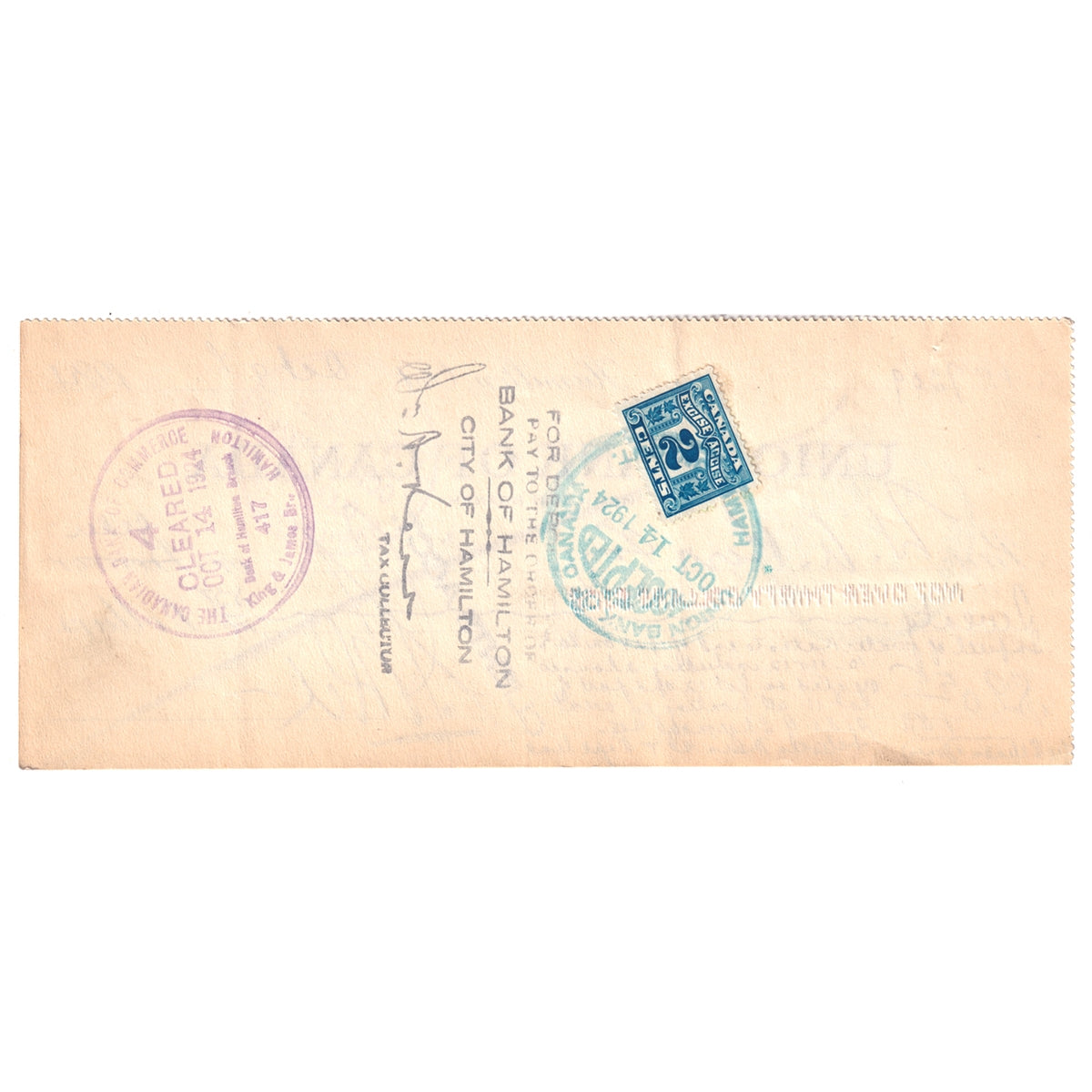 1924 Union Bank of Canada Money Order, Cancelled Cheque, Issued in Hamilton, Ontario