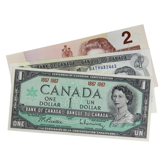 Spend $75 and Get 3x Canadian Bank Notes - 1867-1967 $1, 1973 $1, & 1986 $2 for 4.95!  3 Notes