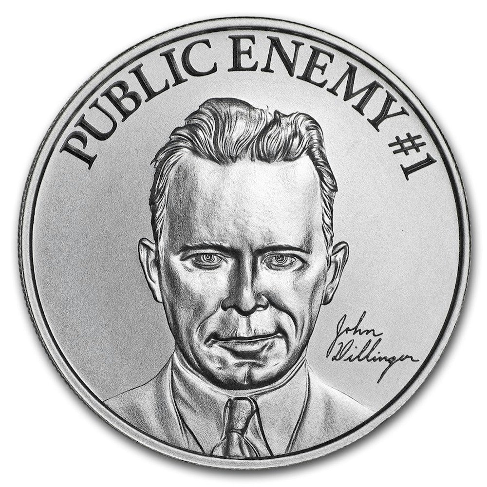 Public Enemy #1 Series: John Dillinger 2oz Silver (No Tax) Mild rubbing/Minor Ding