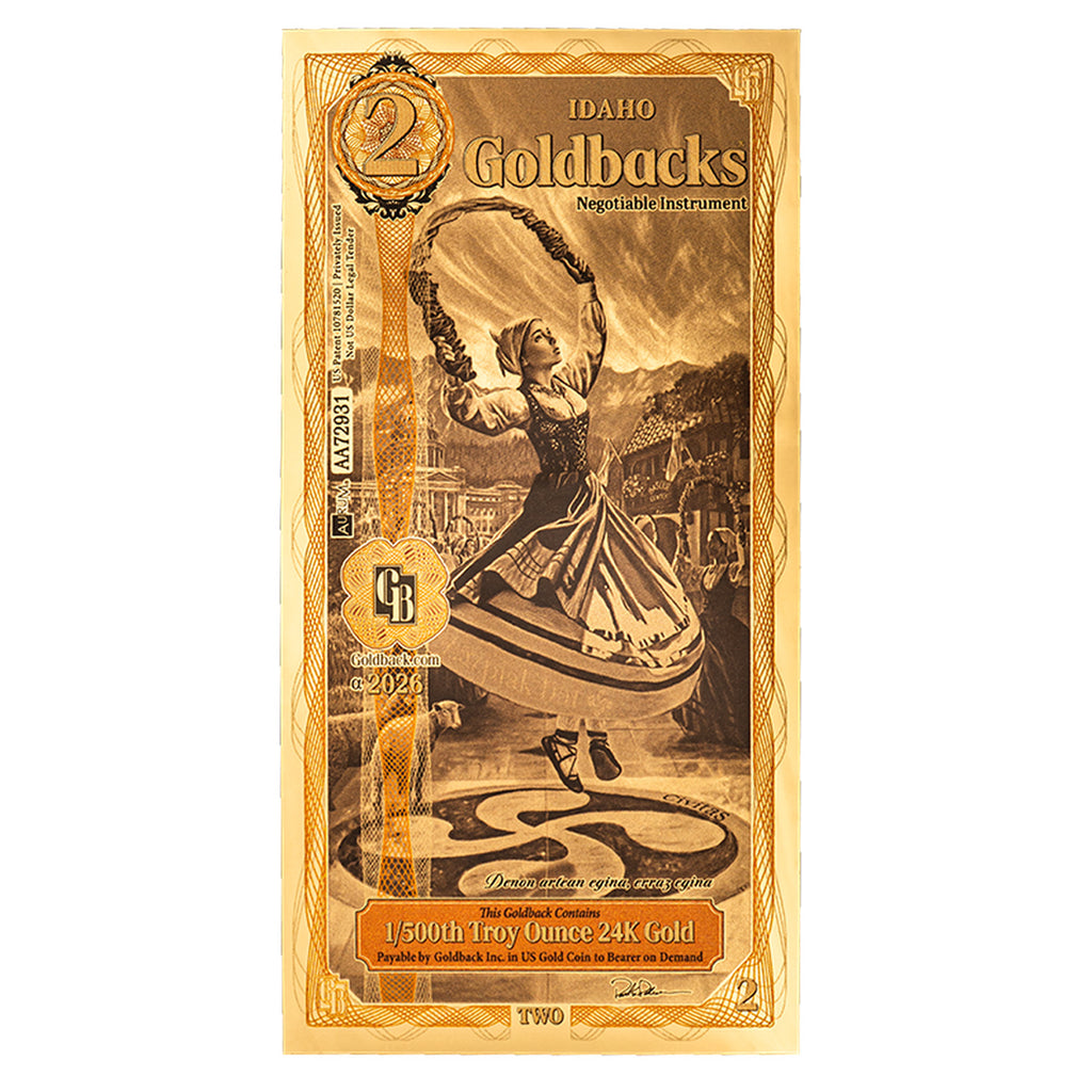 (2026) Two Idaho Goldback Aurum 1/500oz 24K .9999 Gold Wafer Foil Note (No Tax)