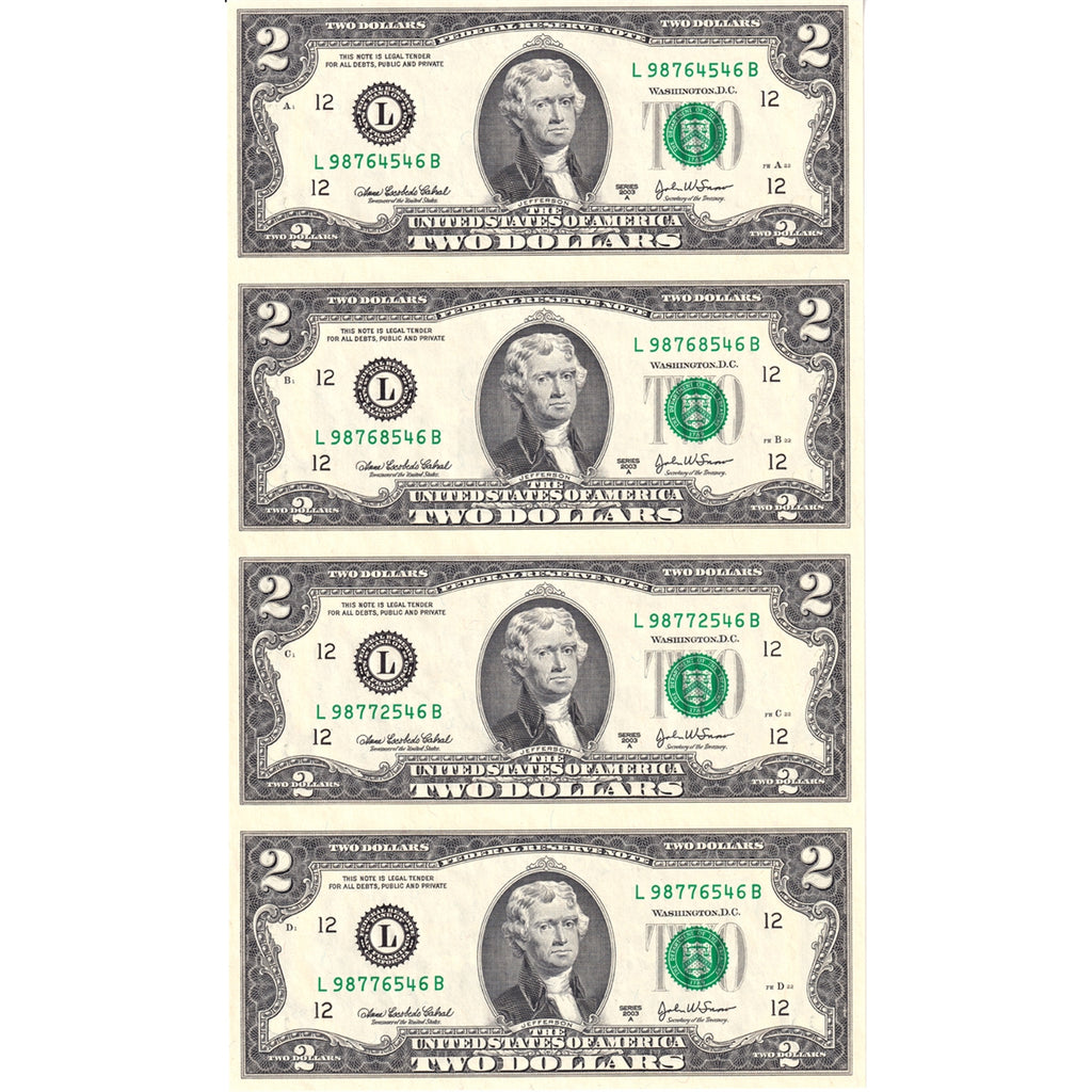 Uncut Strip of 4x 2003A USA Federal Reserve $2, Cabral-Snow, San Fransisco District