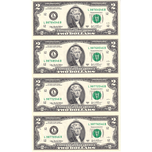 Uncut Strip of 4x 2003A USA Federal Reserve $2, Cabral-Snow, San Fransisco District