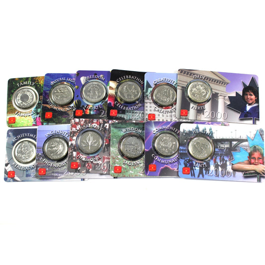Lot of All 12x 2000 Canada Millennium 25-cents in Cards, 12Pcs
