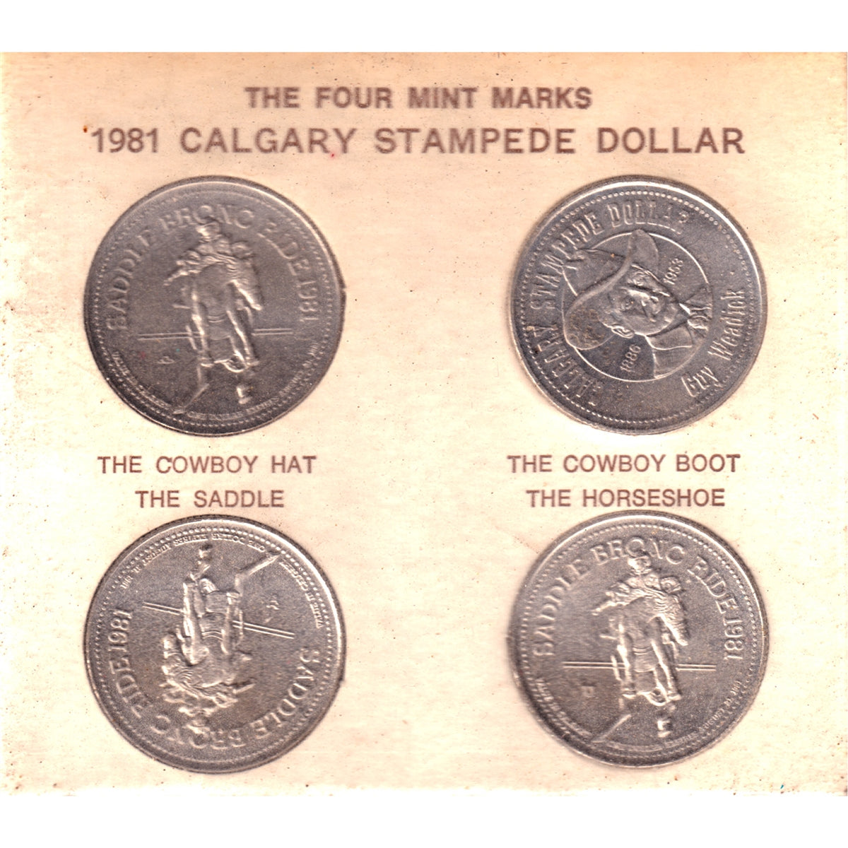 1981 Calgary Stampede Souvenir Dollar 4-Pak with 4 Mint Marks (Wear on Holder)