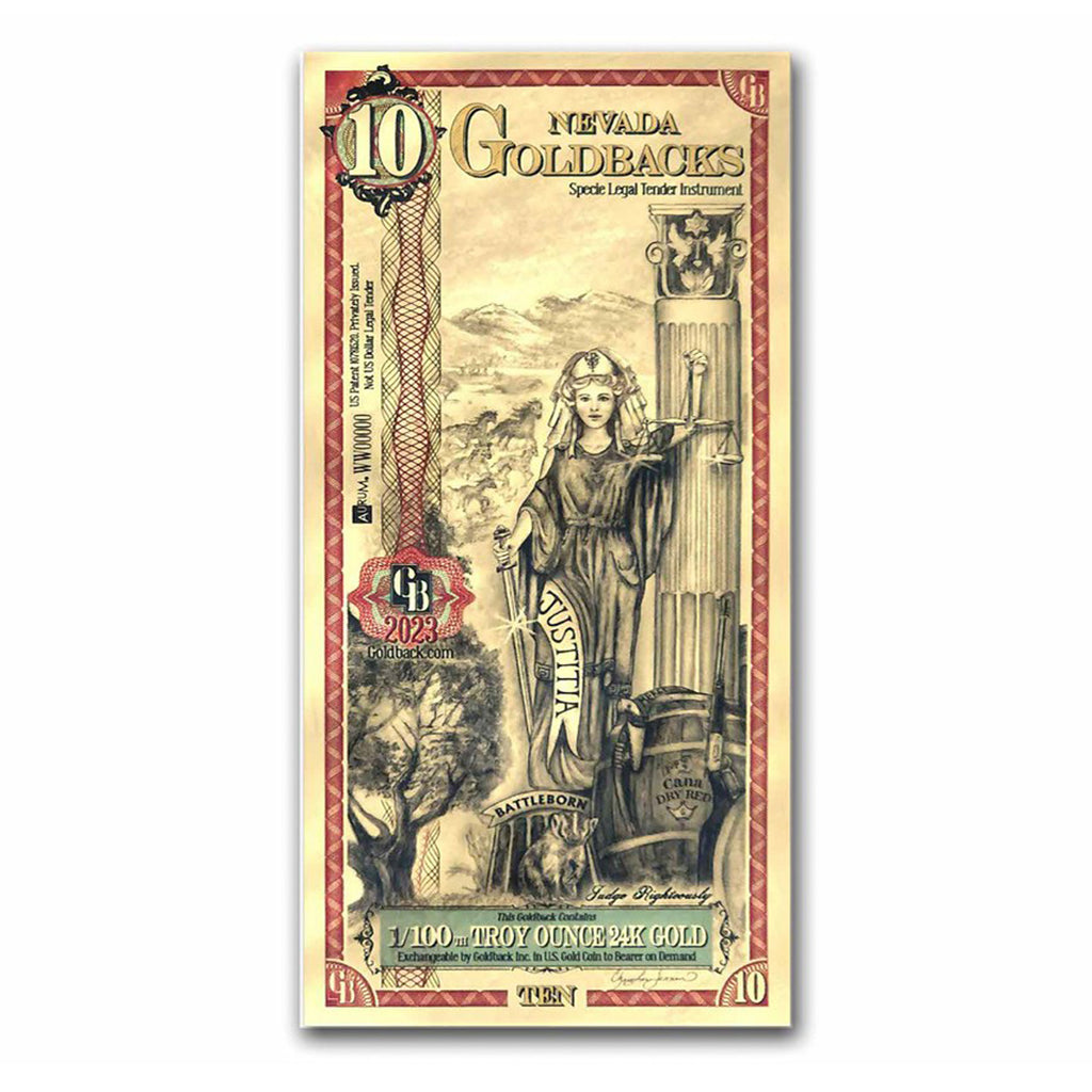Ten Nevada Goldback Aurum 1/100oz 24K .9999 Gold Wafer Foil Note (No Tax)