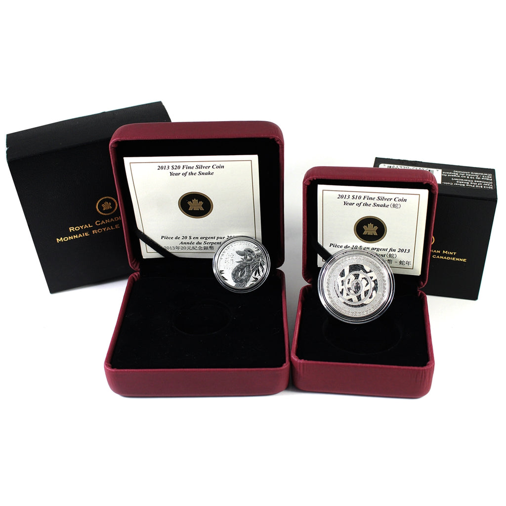 Pair of 2013 Canada $10 & $20 Year of the Snake Fine Silver, 2Pcs (No Tax) Issues