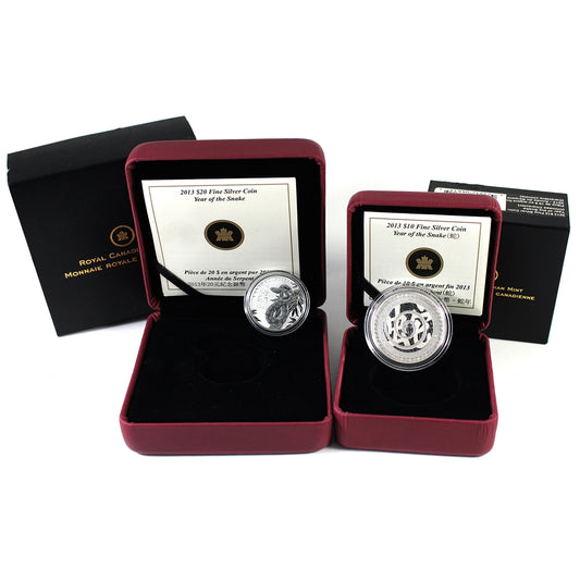 Pair of 2013 Canada $10 & $20 Year of the Snake Fine Silver, 2Pcs (No Tax) Issues