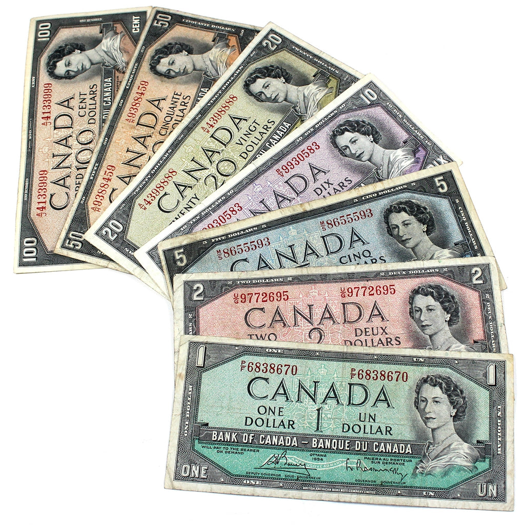 Lot of 7x 1954 Canada $1, $2, $5, $10, $20, $50 & $100 Notes, Average, 7Pcs (Impaired)
