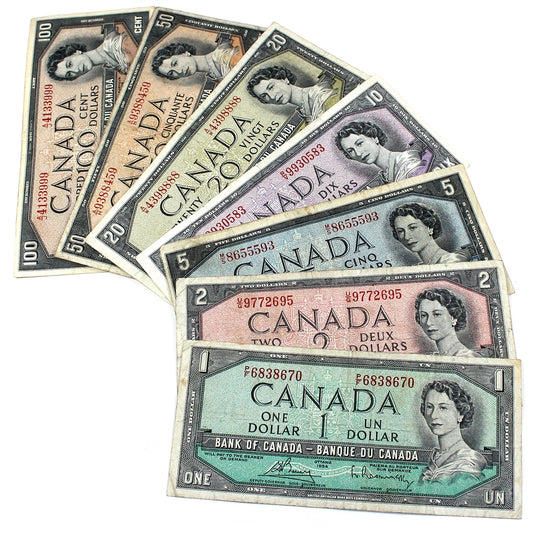 Lot of 7x 1954 Canada $1, $2, $5, $10, $20, $50 & $100 Notes, Average, 7Pcs (Impaired)