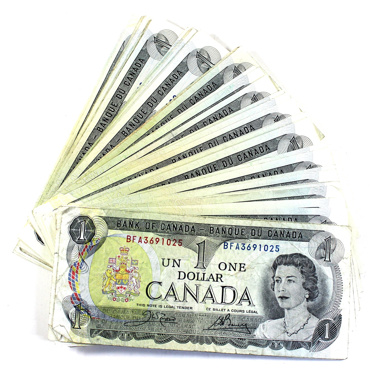 Lot of 67x Assorted 1973 Canada $1 Notes, 67Pcs