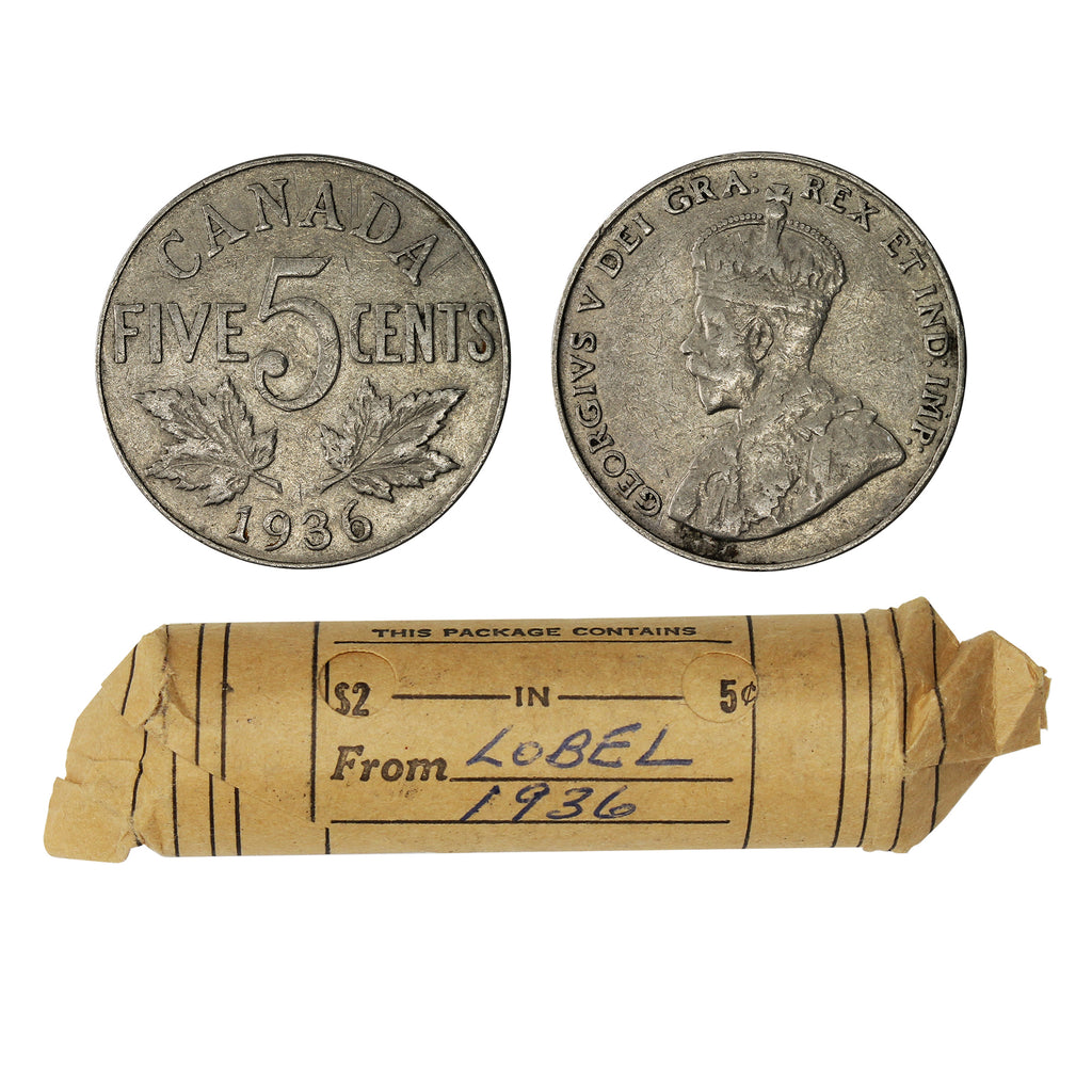 1936 Canada George V 5-Cents Roll of 40Pcs, Circulated Condition
