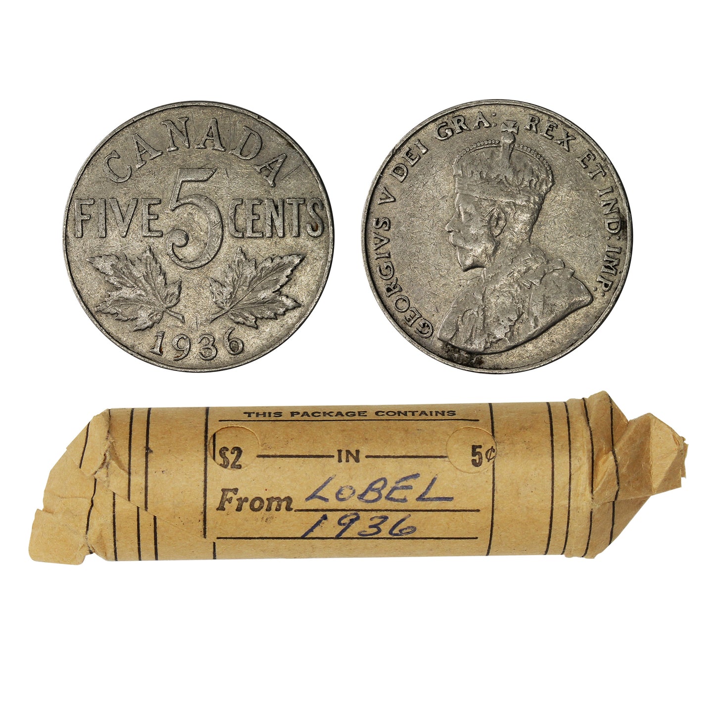 1936 Canada George V 5-Cents Roll of 40Pcs, Circulated Condition