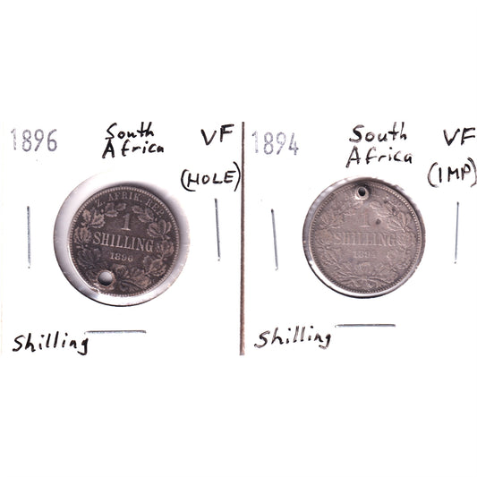 Pair of South Africa 1894 & 1896 Shillings, Very Fine (VF-20), 2Pcs (Hole or Impaired)