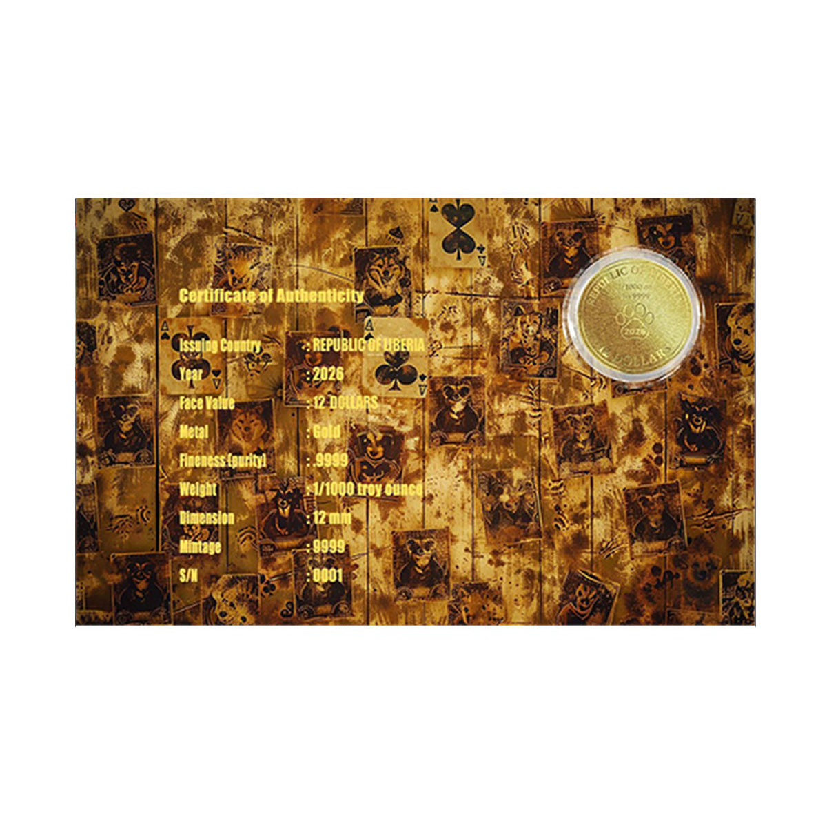 2026 Liberia $12 A Friend in Need 1/1000oz 24K .9999 Gold in Card (No Tax)