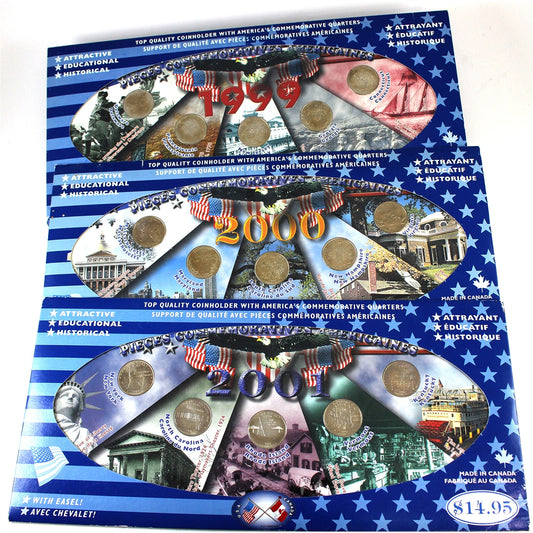 3x 1999, 2000 & 2001 5-coin USA State Quarters Sets, 3Pcs (Toned, sleeves damaged)