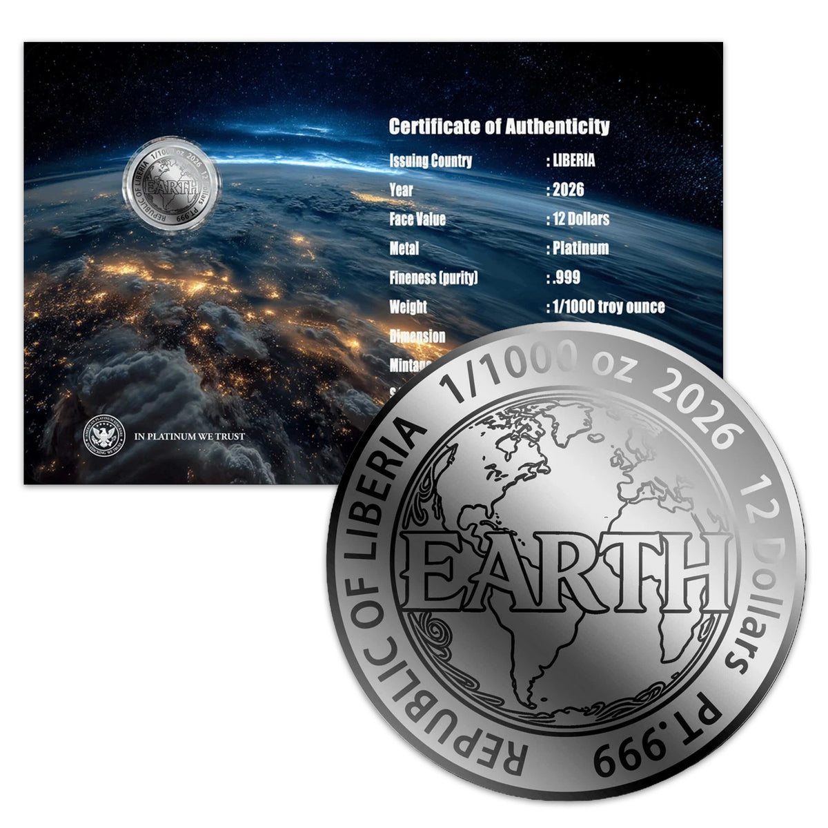 2026 Liberia $12 Earth 1/1000oz .999 Platinum Round (No Tax)
