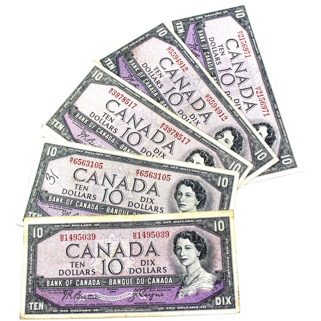 Lot of 5x 1954 Canada $10 Notes with All Different Prefixes, Average Circ, 5Pcs