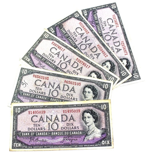Lot of 5x 1954 Canada $10 Notes with All Different Prefixes, Average Circ, 5Pcs