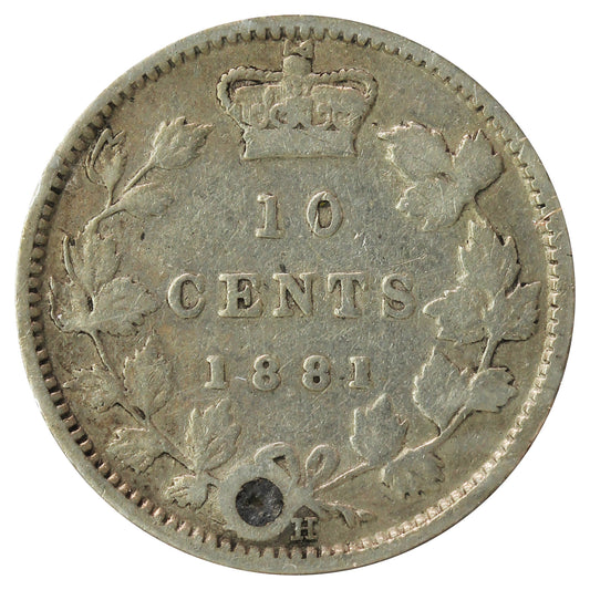 1881H Obv. 2 Canada 10-cents Fine (F-12) Holed