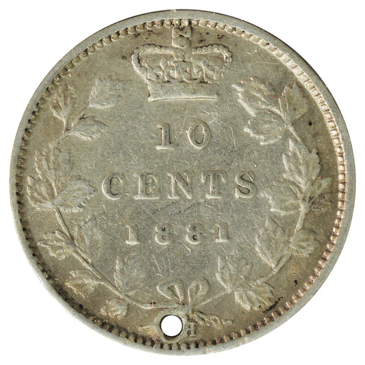 1881H Obv. 2 Canada 10-cents Very Fine (VF-20) Holed