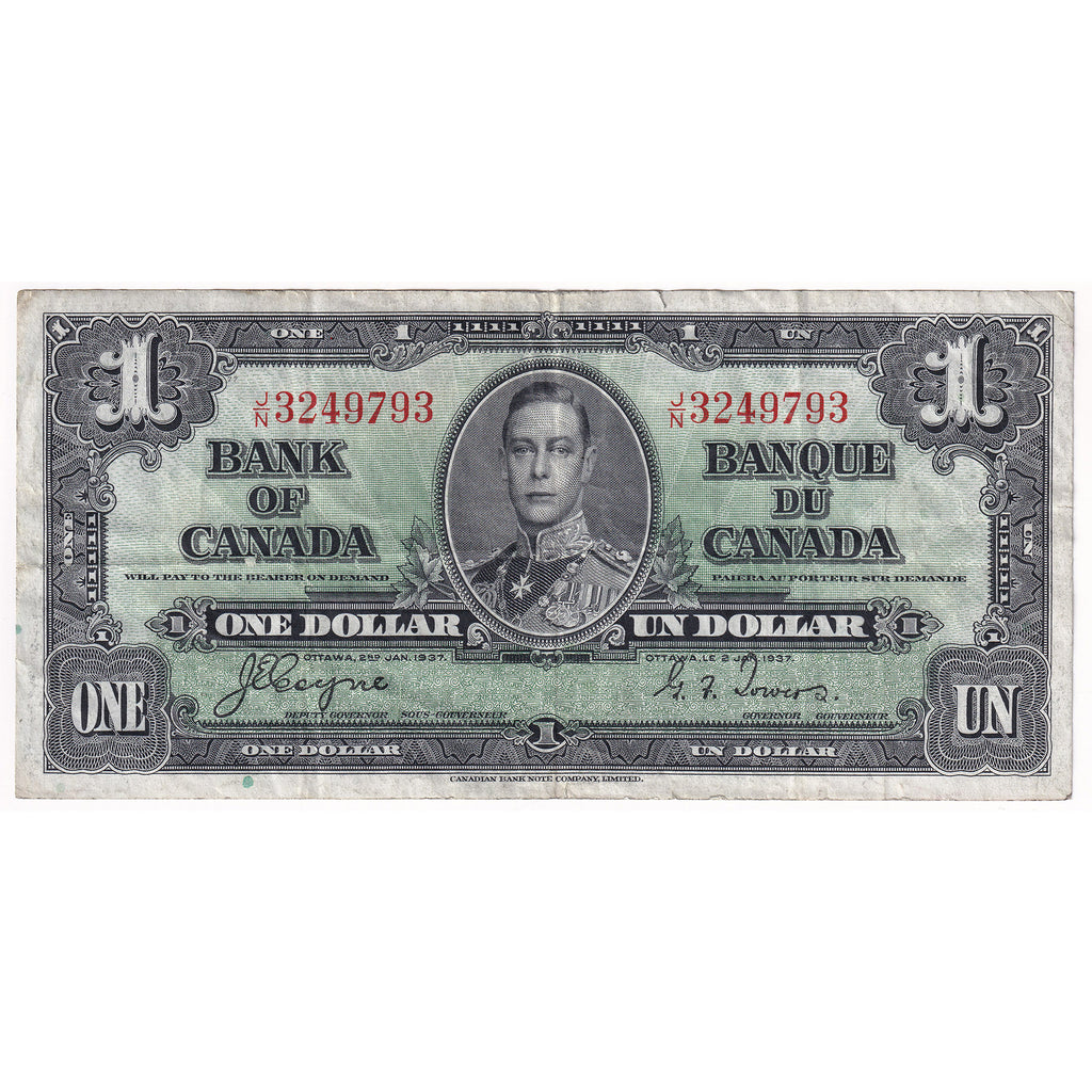 BC-21d 1937 Canada $1 Coyne-Towers, J/N, VF-EF (Tear)