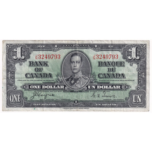 BC-21d 1937 Canada $1 Coyne-Towers, J/N, VF-EF (Tear)