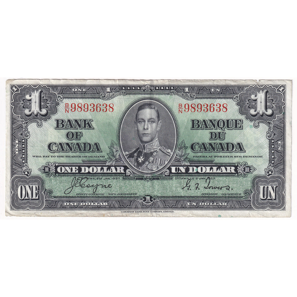 BC-21d 1937 Canada $1 Coyne-Towers, B/N, EF (Dam'g)