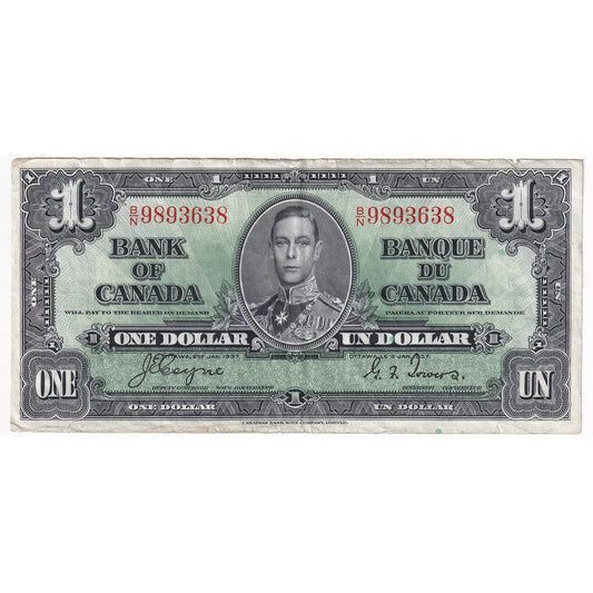 BC-21d 1937 Canada $1 Coyne-Towers, B/N, EF (Dam'g)