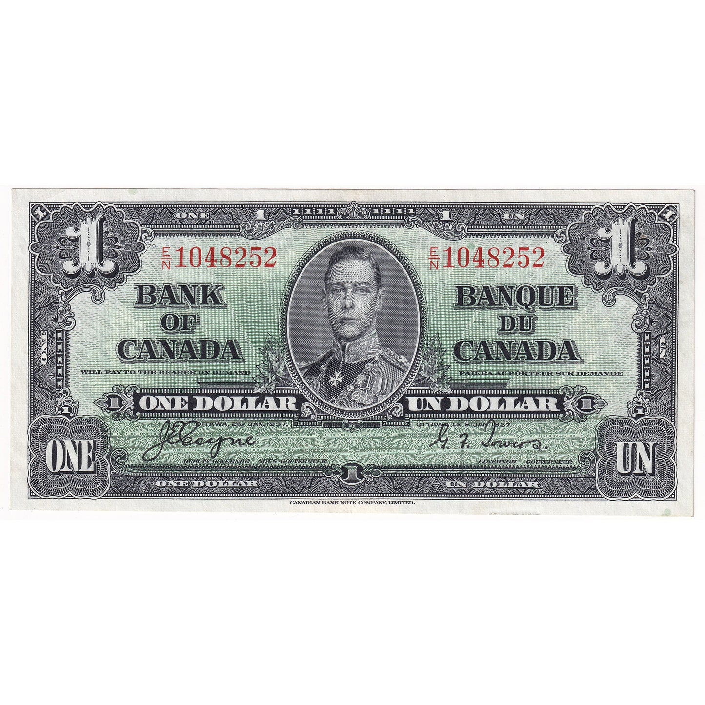 BC-21d 1937 Canada $1 Coyne-Towers, E/N, EF (Stain)