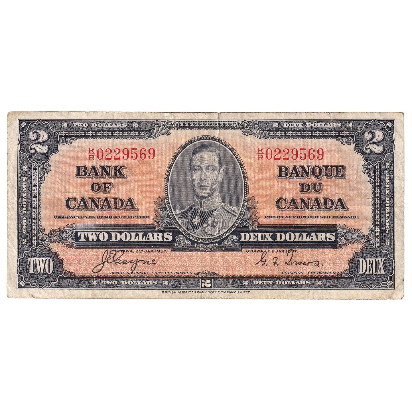BC-22c 1937 Canada $2 Coyne-Towers, K/R, VF (Tears)