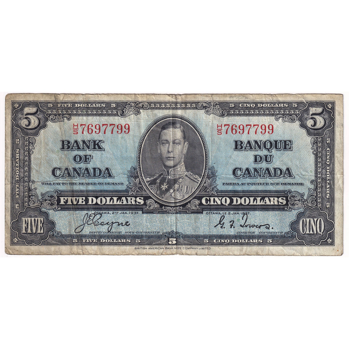 BC-23c 1937 Canada $5 Coyne-Towers, H/S, F (Tears)
