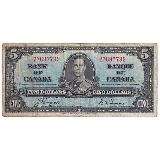 BC-23c 1937 Canada $5 Coyne-Towers, H/S, F (Tears)
