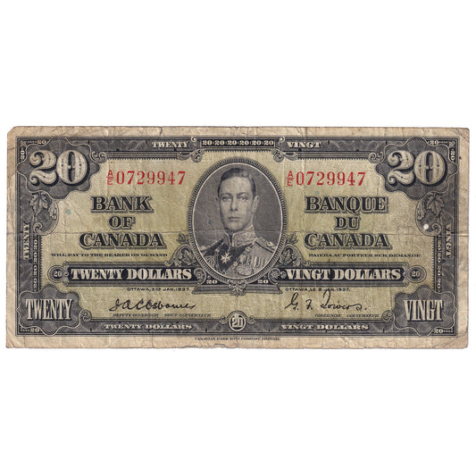 BC-25a 1937 Canada $20 Osborne-Towers, A/E, VG-F (Tear)
