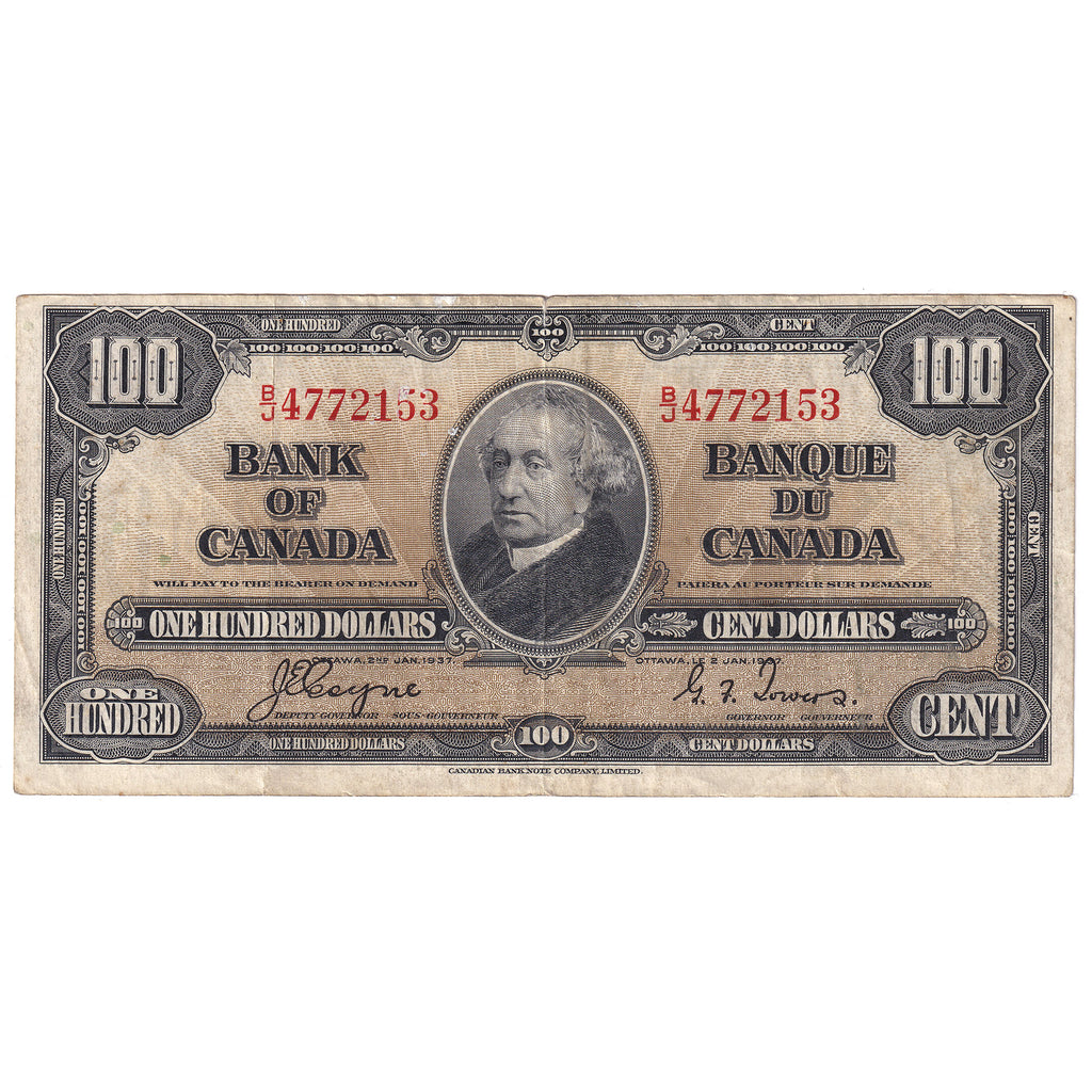 BC-27c 1937 $100 Coyne-Towers, B/J, VF-EF (Stain)