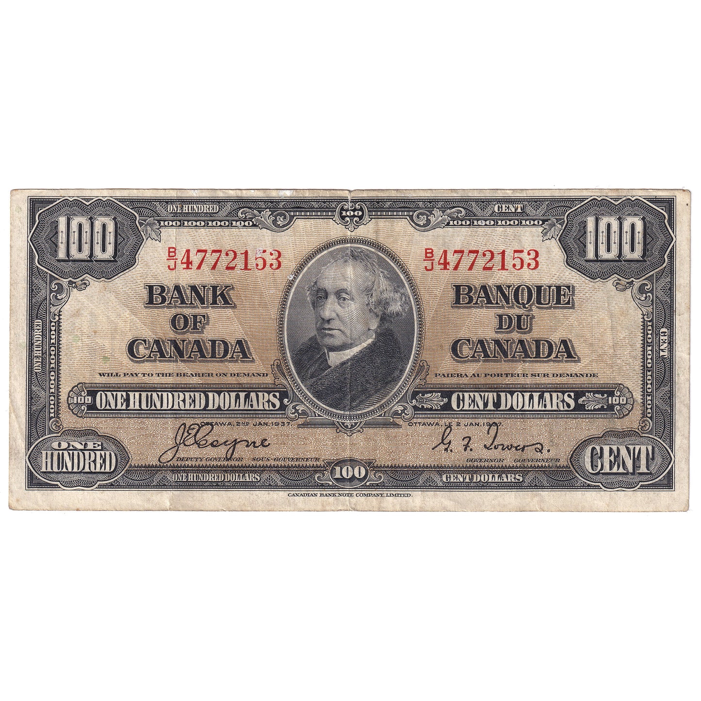 BC-27c 1937 $100 Coyne-Towers, B/J, VF-EF (Stain)