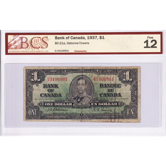 BC-21a 1937 Canada $1 Osborne-Towers, E/A, BCS Cert. F-12