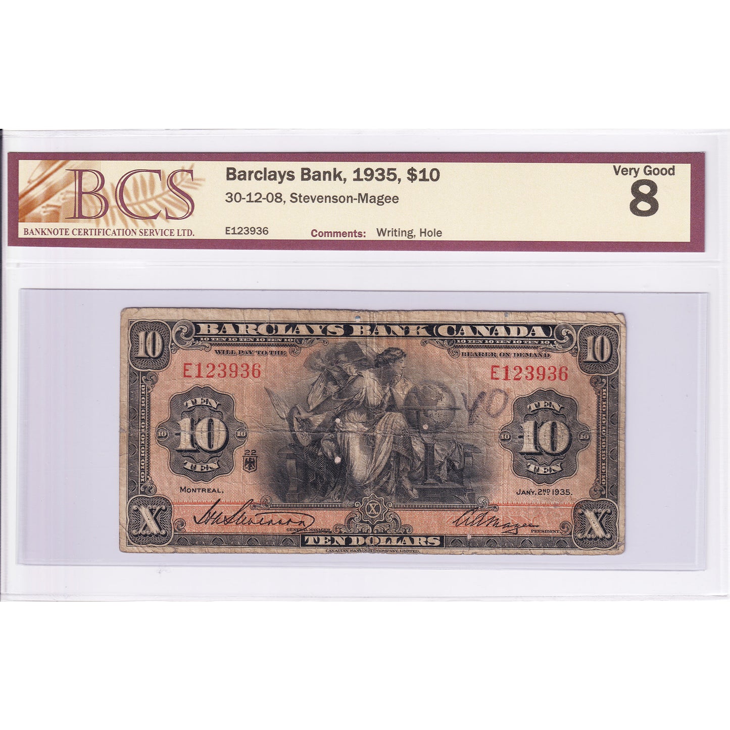 30-12-08 1935 Barclays Bank $10 Stevenson-Magee, BCS Cert. VG-8 (Writing, Hole)