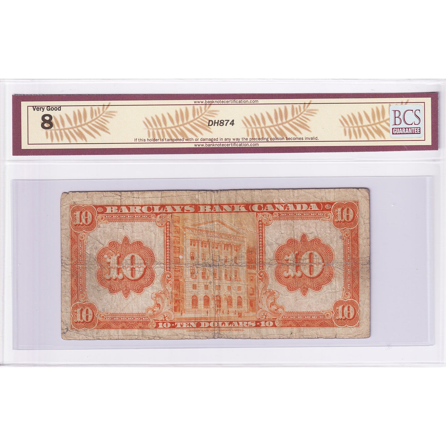 30-12-08 1935 Barclays Bank $10 Stevenson-Magee, BCS Cert. VG-8 (Writing, Hole)