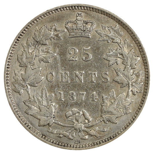 1874H Canada 25-cents VF-EF (VF30) Scratched, marks, or impaired