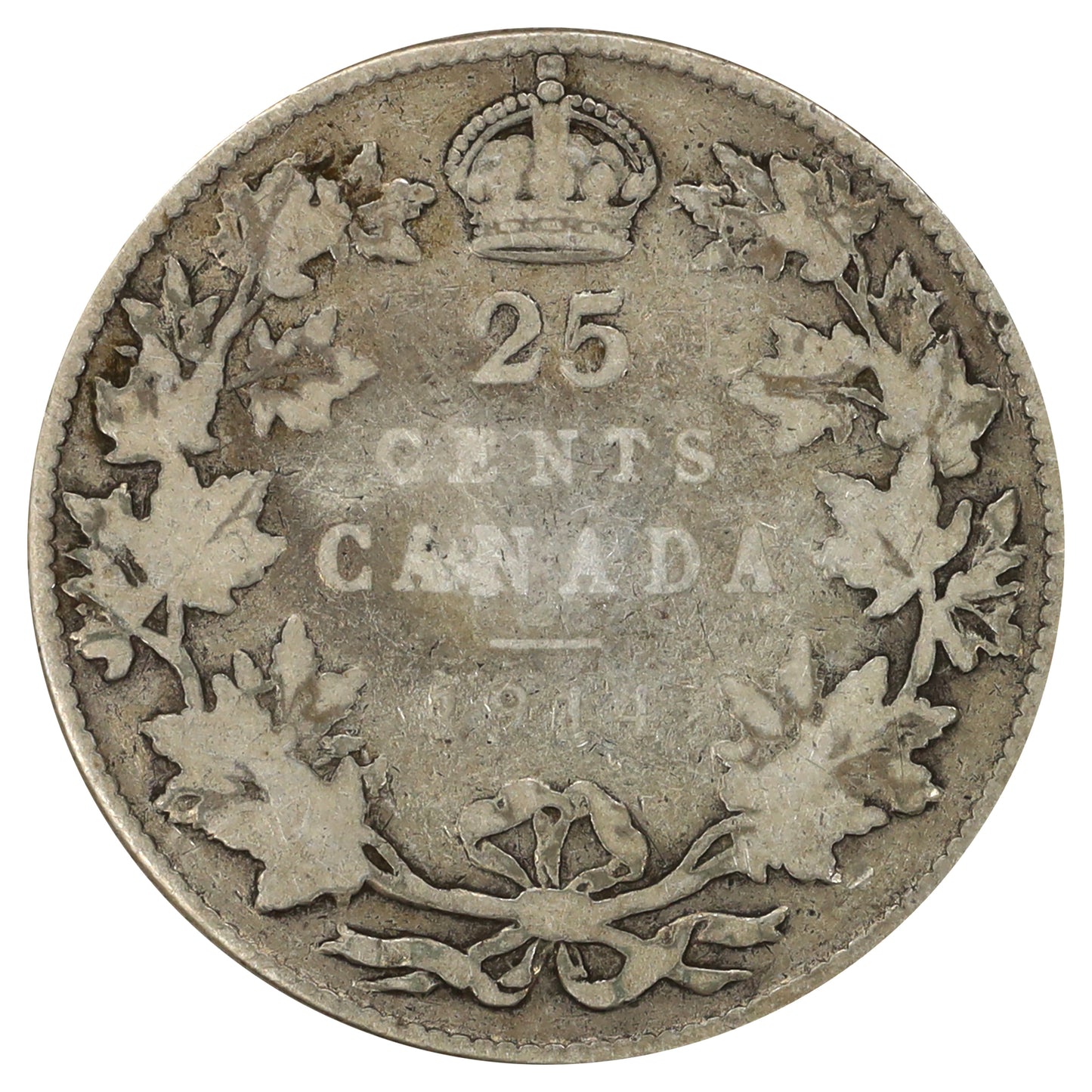 1914 Canada 25-cents Very Good (VG8) Scratched, marks, or impaired