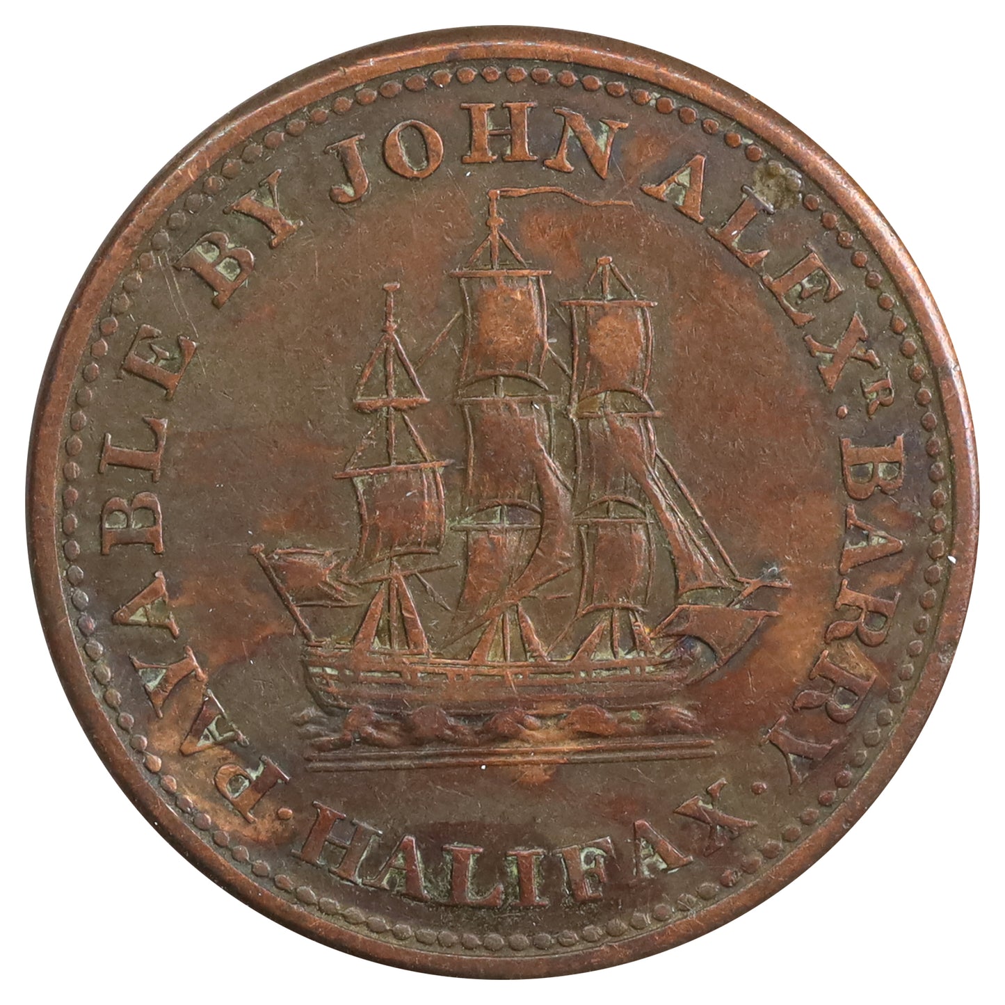 NS-14A5 1815 Nova Scotia John Alexander Barry Halifax Halfpenny Token F-VF (F12) Cleaned