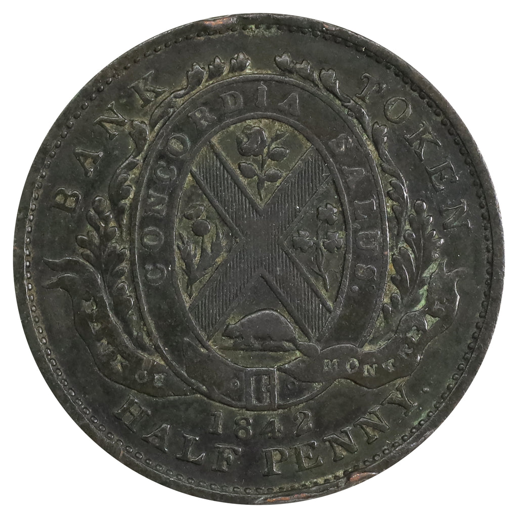 PC-1A2 1842 Bank of Montreal Halfpenny Token Fine (F12) Rim Bump