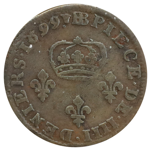 France 1699 Louis XIV 4 Deniers with BB Mint Mark (Strasbourg) DOD