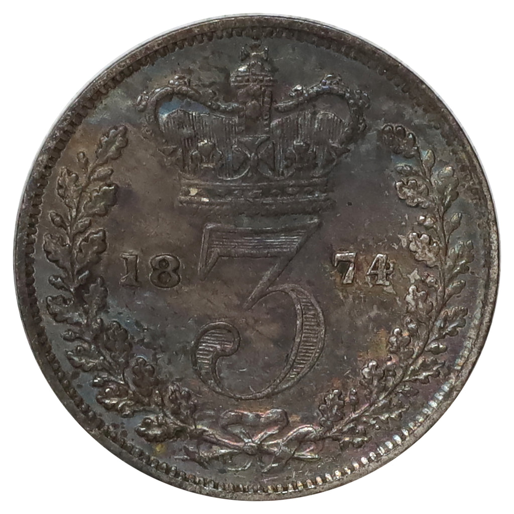 Great Britain 1874 Threepence Extra Fine (EF40) Doubling on Britannia, Toned
